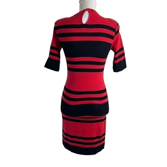 French Connection Black and Red Striped Bodycon Stretch Dress Size 4 Keyhole - Picture 2 of 8
